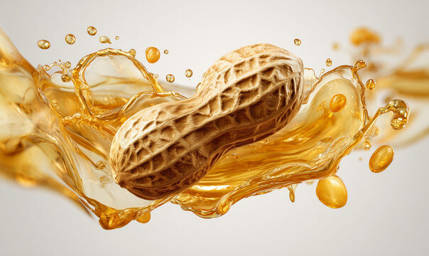 Peanut in Golden Oil Splash | Groundnut Oil Concept Isolated on White