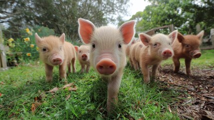 A group of adorable piglets charges toward the viewer, standing in a field of lush green grass under a soft sunlight