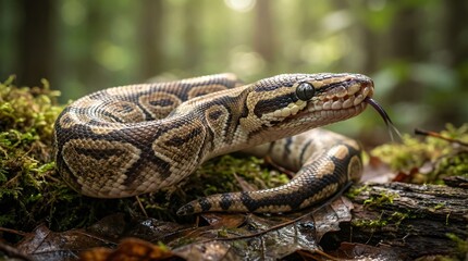 Fototapeta premium Ball python coiled on mossy forest ground with tongue flicking showing its beautiful patterned scales and natural forest environment