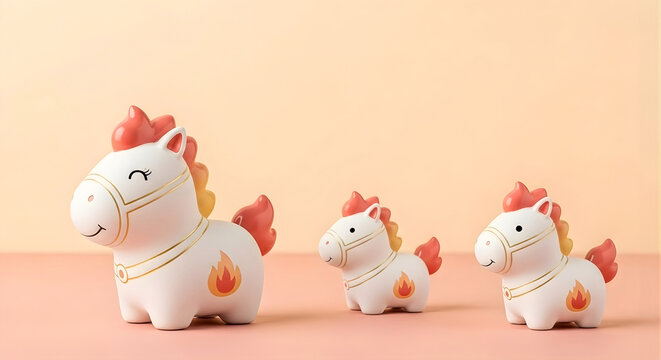 Three fire horse figurines in different sizes are arranged playfully in a pastel studio, expressing warmth and family connection.