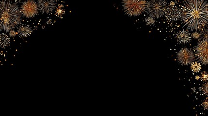 New year's eve celebration with ultra realistic golden sparkles and blooming fireworks in sky, black background, banner format with copy space at top, horizontal layout and high resolution