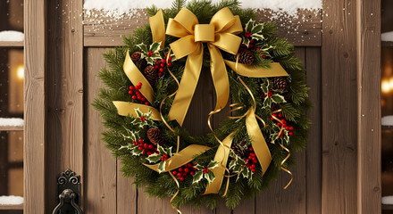 Capture the magic of the season with this festive Christmas wreath adorning a rustic wooden door, spreading holiday cheer and creating a warm inviting ambiance