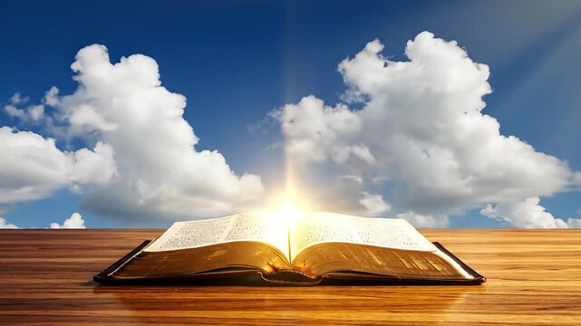 Bible video - Religious Christian motion background with open Holy Bible on a wooden table and white clouds moving in the sky with divine sun rays.