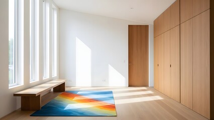 Minimalist Room with Wooden Bench and Colorful Rug