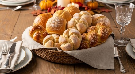 Basket of assorted fresh bread rolls and buns on a wooden table, Thanksgiving or holiday meal setting