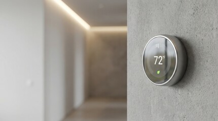 Modern circular thermostat mounted on a textured wall displaying 72&deg;F in a minimalist hallway