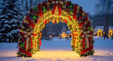 Stunning Christmas arch glowing with festive lights and elegant ribbons in snowy winter wonderland scene inspires holiday cheer and seasonal greetings