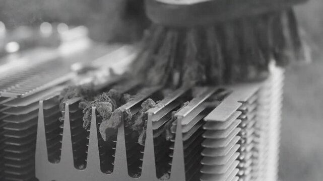 Close-up of a brush cleaning dust from a metal cooling fin array, a vital component for thermal management in electronics.