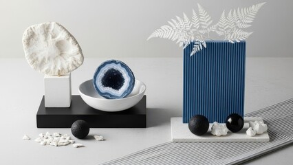 Curated display of natural textures and modern decorative objects in blue, white, and black