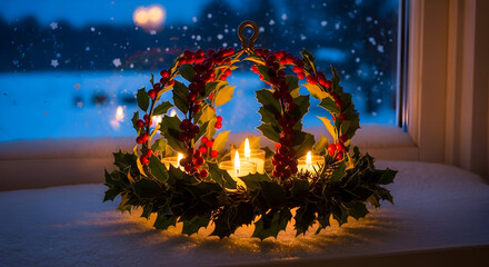 Experience the cozy warmth of a holly and berry candle wreath against a snowy window, creating a magical and festive winter holiday atmosphere indoors