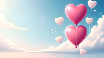 Happy valentines day heart balloons floating in sky with clouds