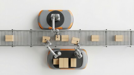 Top view of robotic arms sorting and moving cardboard boxes on a conveyor belt in an automated warehouse