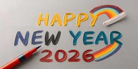 Hand drawn happy new year 2026 message with colorful marker illustration and rainbow element