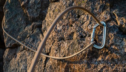 Climbing rope secured with a carabiner on a rock face, highlighting safety equipment in outdoor sports.