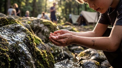Young Boy Catching Water Drops in Cupped Hands at Forest Campsite