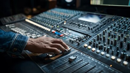 Medium shot of sound engineer adjusting AIbased audio filter parameters on a digital mixing console for superior clarity and reduced background noise