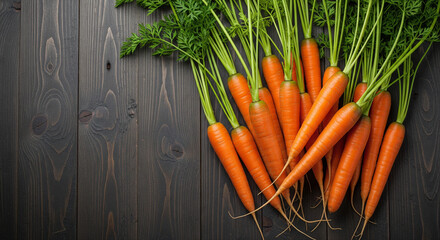 Pile of Fresh Organic Carrots Healthy Root Vegetables on Dark Wood