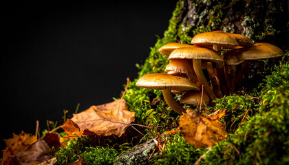Tree bark with green moss, dried autumn leaves and mushrooms, black background, dramatic contrast