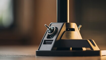 Close-up of a modern industrial control panel with a toggle switch and various indicators, set against a blurred background.