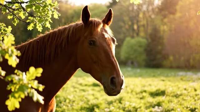 Graceful Chestnut Horse Gazing in a Serene Meadow Framed by Lush Green Foliage on a Sunny Day