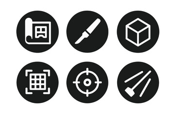 Future Planning Icons. Solid style round vector icons of future planning: blueprint, scalpel, 3D model, scan grid, focus lens,
