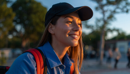 jeune femme souriante avec casquette et sac &agrave; dos au coucher du soleil
