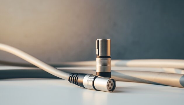 Close-up of an XLR connector and cable on a white surface, ready for audio connection.