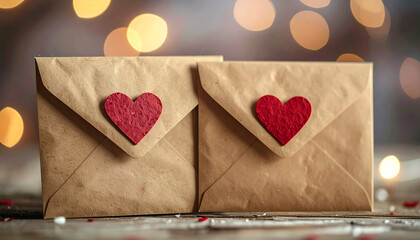 Two brown craft envelopes with heart shapes, eco-conscious Valentine Day theme, love and romantic