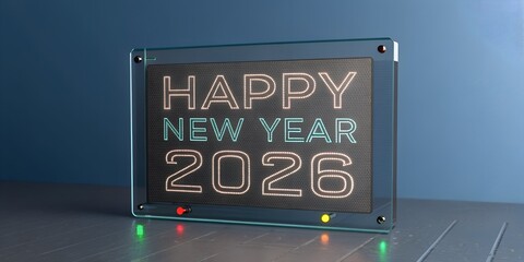 Happy new year 2026 displayed on digital screen with glowing neon lights and indicator lights celebrating holidays
