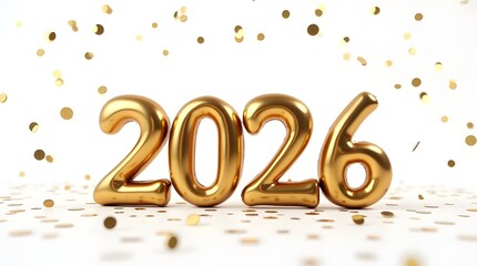 Golden balloons spelling 2026 with confetti