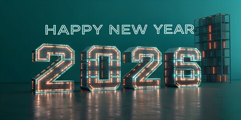 Happy new year 2026 text glowing with illuminated numbers and futuristic architecture background celebrating holidays