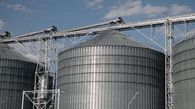 Metallic exterior, Building metal, Silo construction. Industrial skyline is enhanced by presence shiny metallic silos for grain, set beneath clear azure sky.