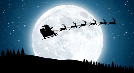 Santa's silhouette soars across the moonlit night sky in his sleigh pulled by reindeer delivering holiday cheer and Christmas magic for everyone