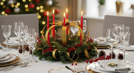 Celebrate the joyous Christmas spirit with an elegant tablescape featuring festive red candles and a beautiful wreath centerpiece for holiday cheer