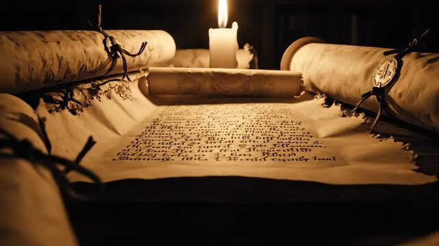 Ancient Scrolls Illuminated by Flickering Candlelight