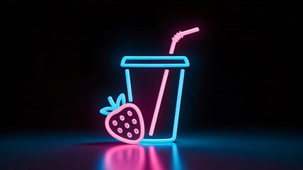 Glowing soft drink cup with straw icon on dark background