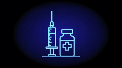 Glowing syringe and medicine bottle medical icon on dark background