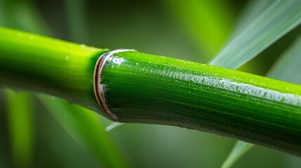 Detailed macro view of a vibrant green bamboo stalk revealing segmented structure and natural texture