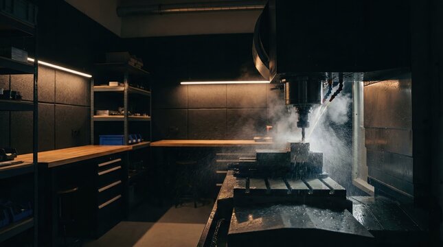 Industrial CNC milling machine in operation with water cooling system and mist extraction