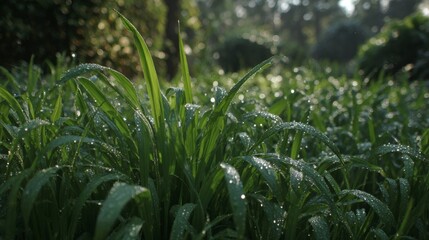 Obraz premium Close-up of lush green grass blades glistening with fresh morning dew drops in a soft-focus natural setting
