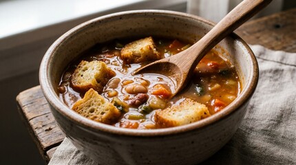 Rustic Vegetable And Bean Soup With Croutons In Ceramic Bowl