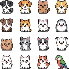 Fototapeta premium Playful Cartoon Pet Vector Grid Featuring Dogs, Cats, Birds, and Small Mammals in a Whimsical Educational Style for Kids.