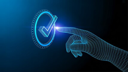 Glowing finger pressing check mark approval icon on dark background