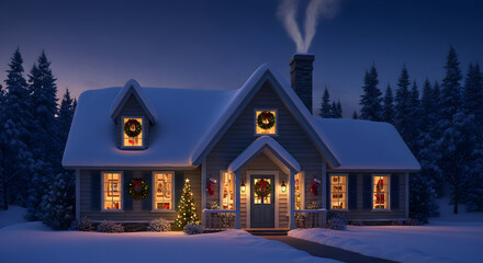Experience the warmth of a cozy Christmas at home with this charming house bathed in festive holiday lights and snow, creating a magical winter wonderland scene