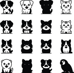 Fototapeta premium Cartoon-style vector grid of cute black and white pet illustrations featuring dogs, cats, and other animals in bold contrast.