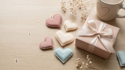 Cozy wooden table with gift box wrapped in pink ribbon, fabric hearts, and dried flowers