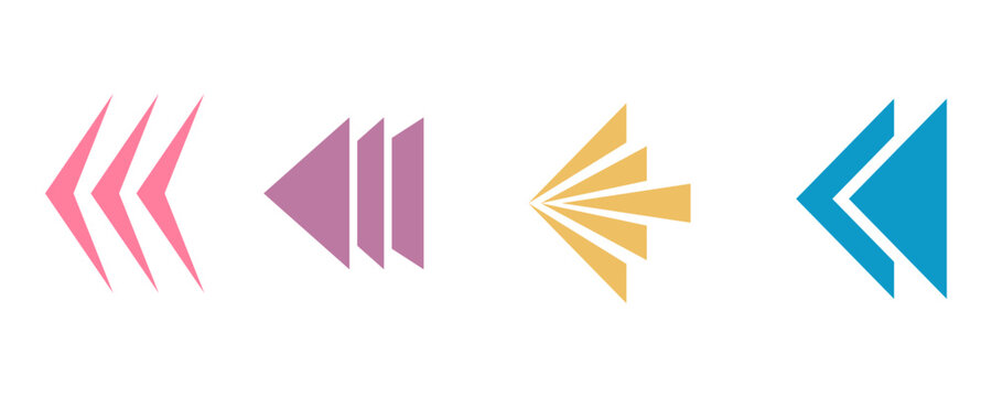 Colorful left arrow icons set in a flat vector style, featuring different shapes and sizes arranged horizontally. The arrows symbolize direction, navigation, return, rewind, and backward movement