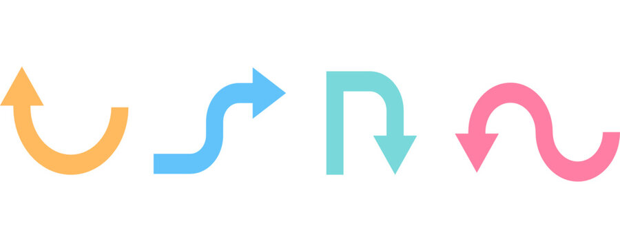 Colorful left arrow icons set in a flat vector style, featuring different shapes and sizes arranged horizontally. The arrows symbolize direction, navigation, return, rewind, and backward movement