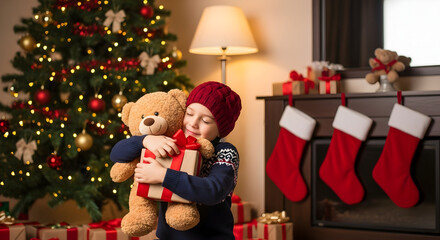 Adorable little boy embracing Christmas joy with teddy bear and gift near the glowing tree, creating heartwarming holiday memories at home
