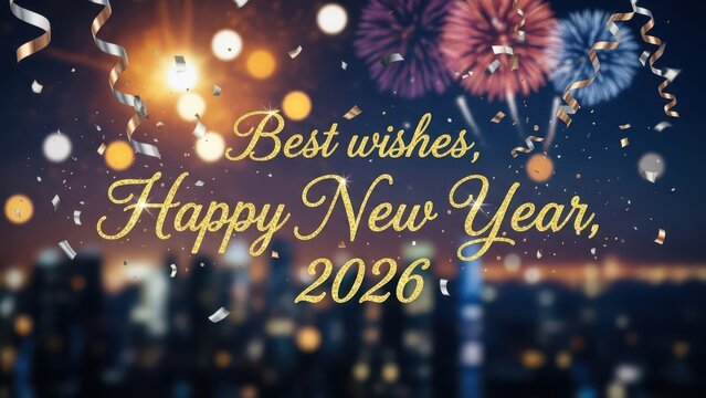 Best wishes Happy New Year 2026 gold glitter text over bokeh city lights and fireworks